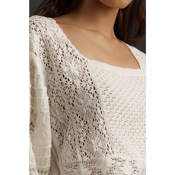 Anthropologie New Ivory Mixed Lace Knit Cropped Sweater Size Medium - Picture 3 of 12
